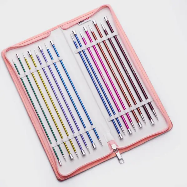 Set of 8 pairs of KnitPro zing needles in a pink fabric zippered case